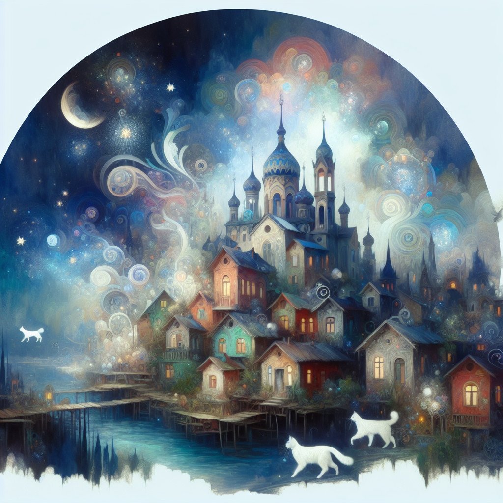 Whimsical Town Under Starry Night Sky with Cats