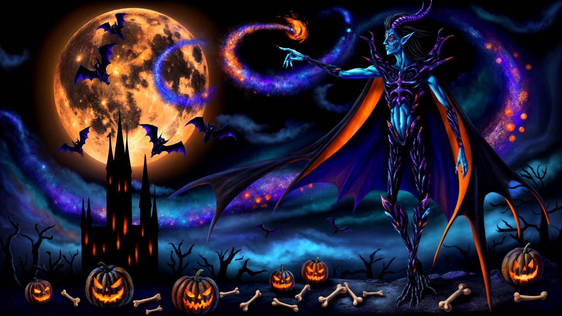 Mystical Figure with Full Moon and Halloween Elements