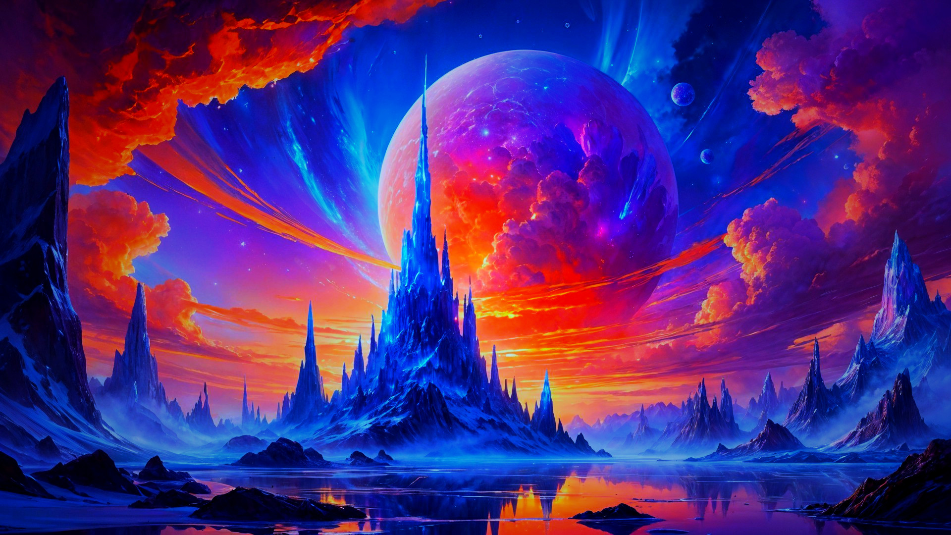 Cosmic Landscape with Crystalline Castle and Planet