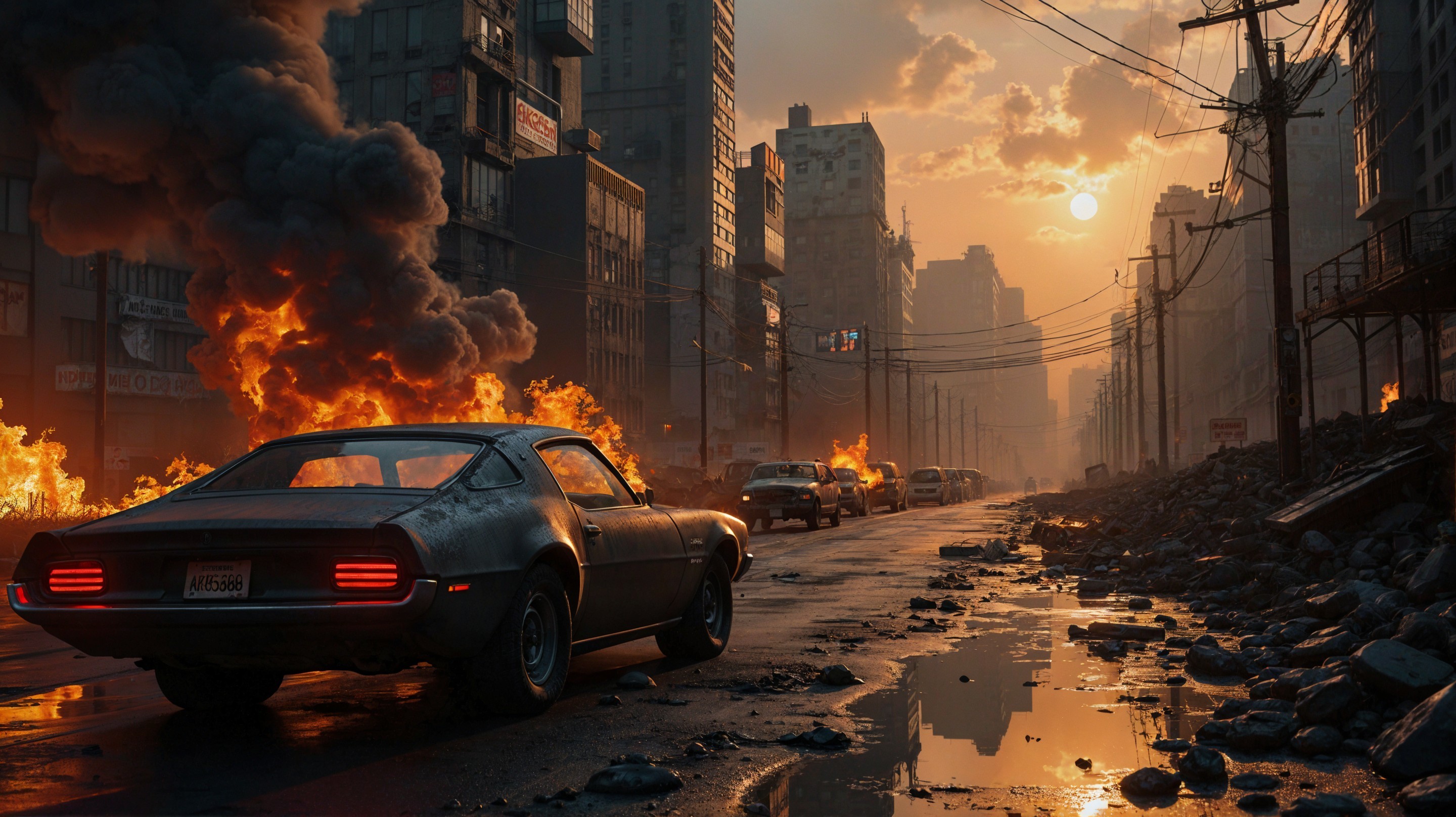 Desolate city street engulfed in flames and debris