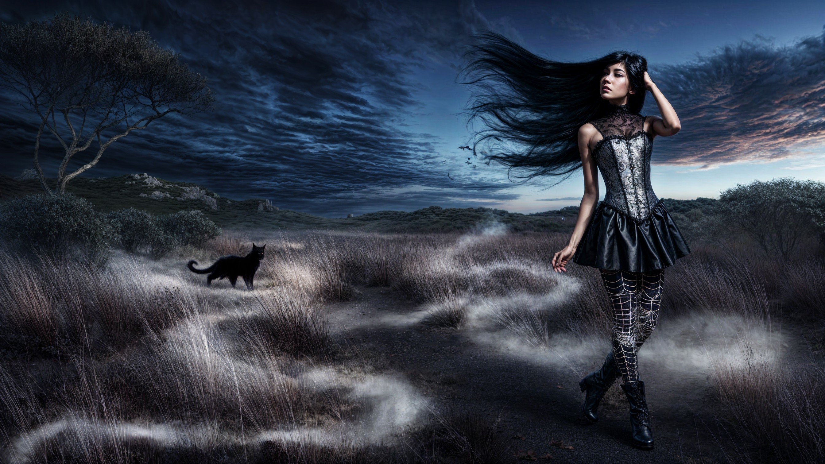 Gothic Woman in Haunting Landscape with Black Cat