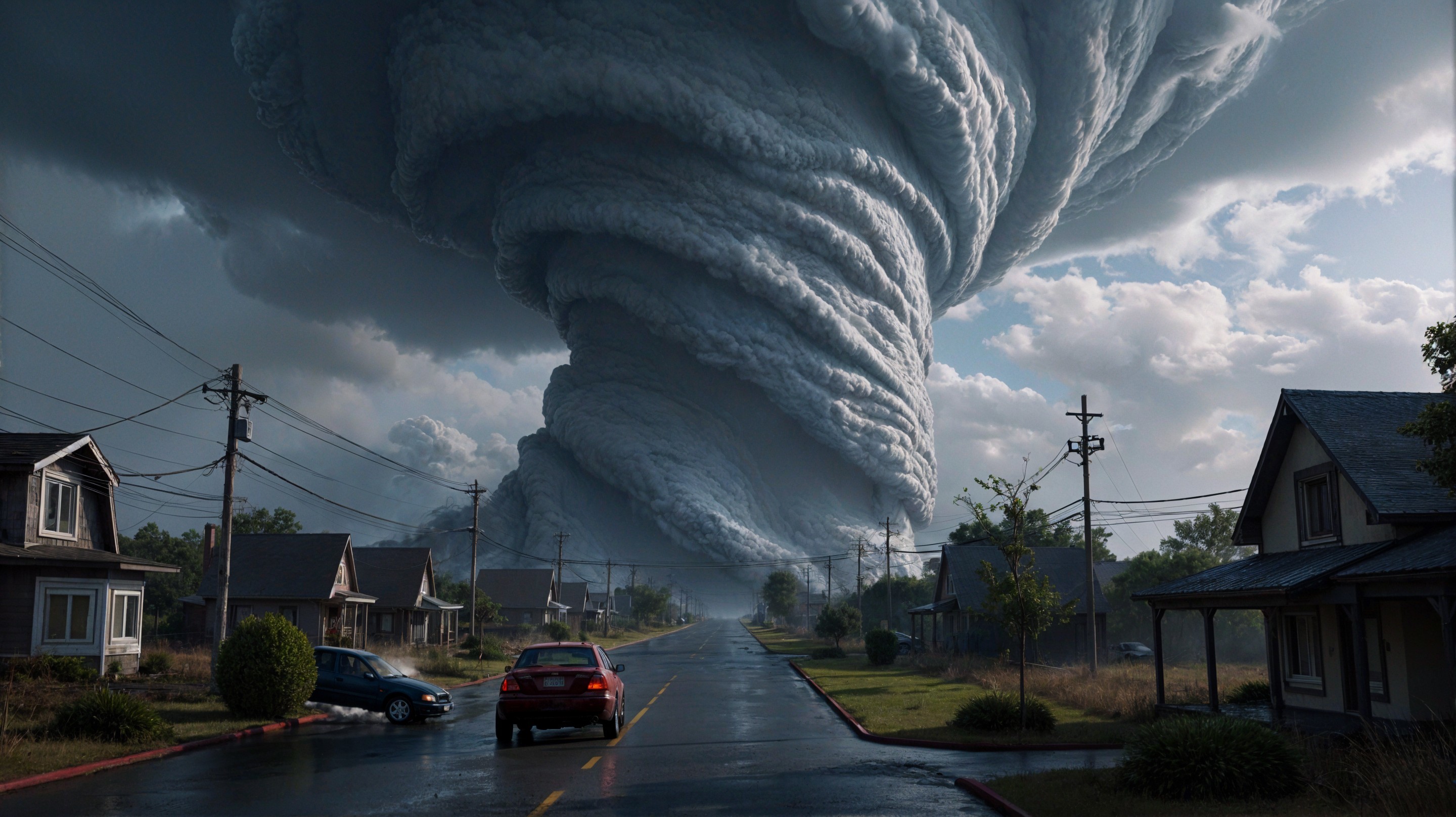 Tornado Threatens Suburban Street with Dark Clouds