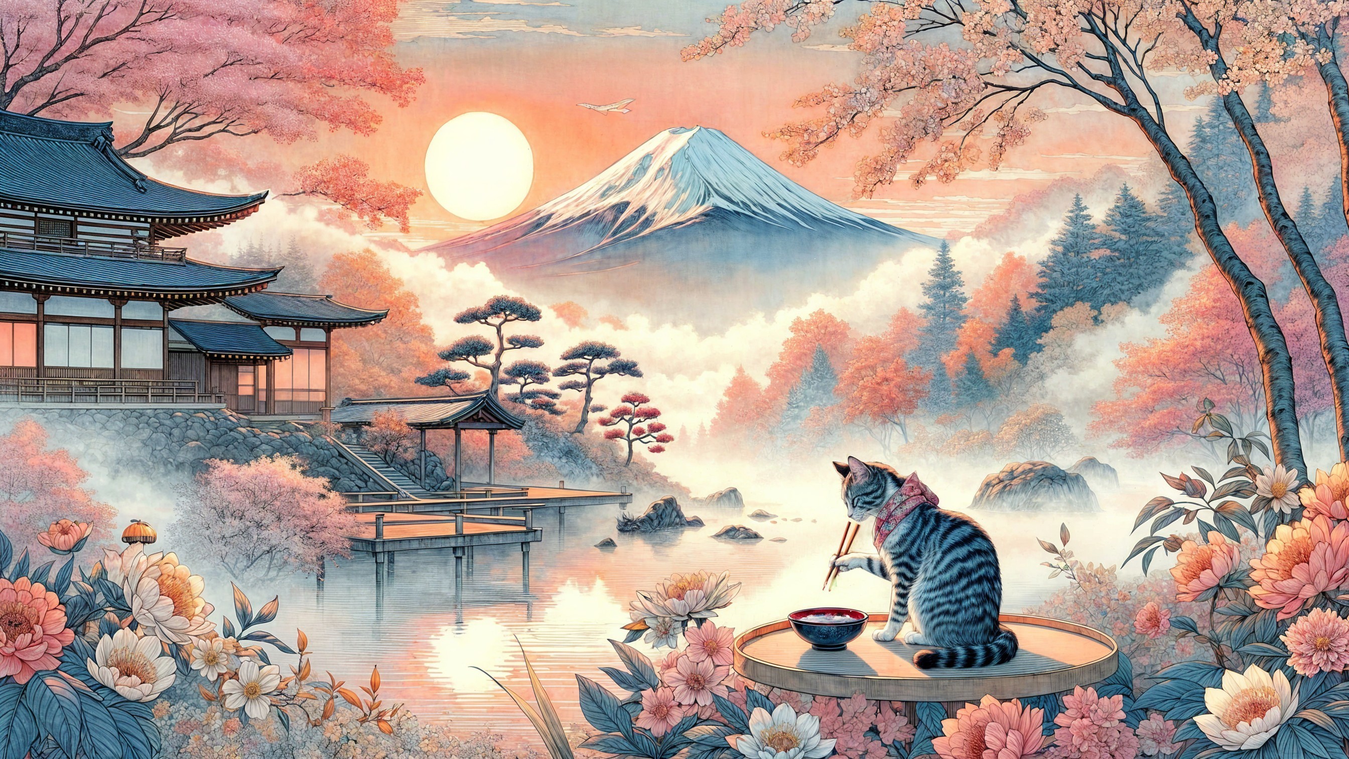 Tranquil Lake and Cherry Blossoms with Cat and Fuji