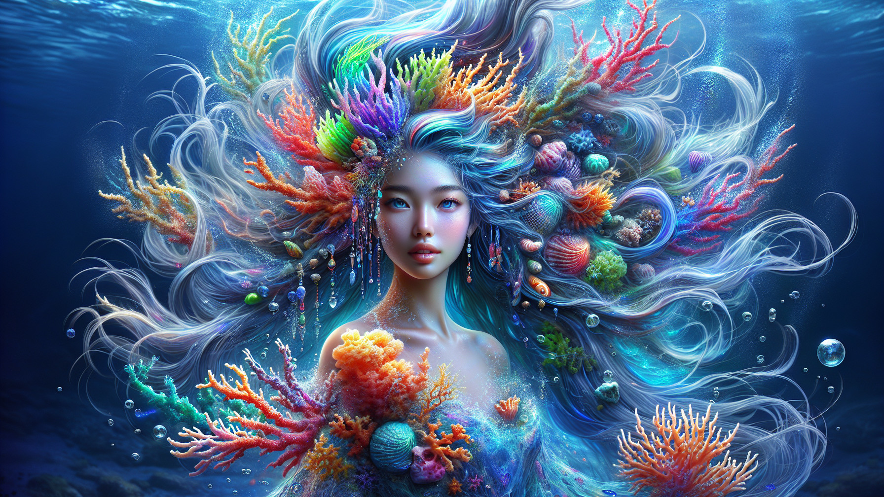Underwater Scene with Colorful Hair and Bubbles