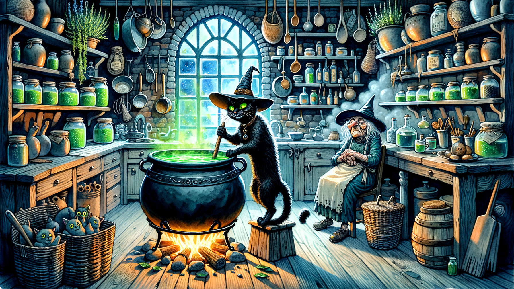 Whimsical Apothecary with Black Cat and Potions