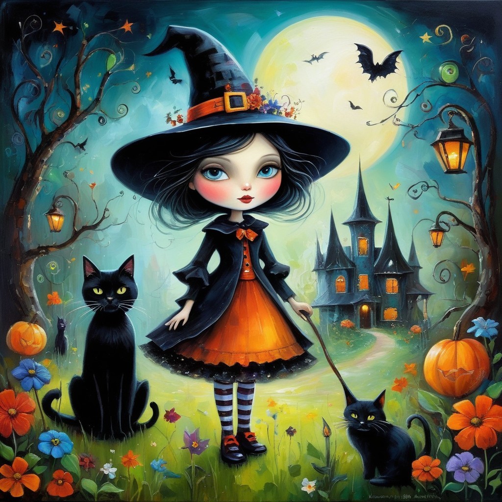 Whimsical Witch in Moonlit Halloween Garden Scene