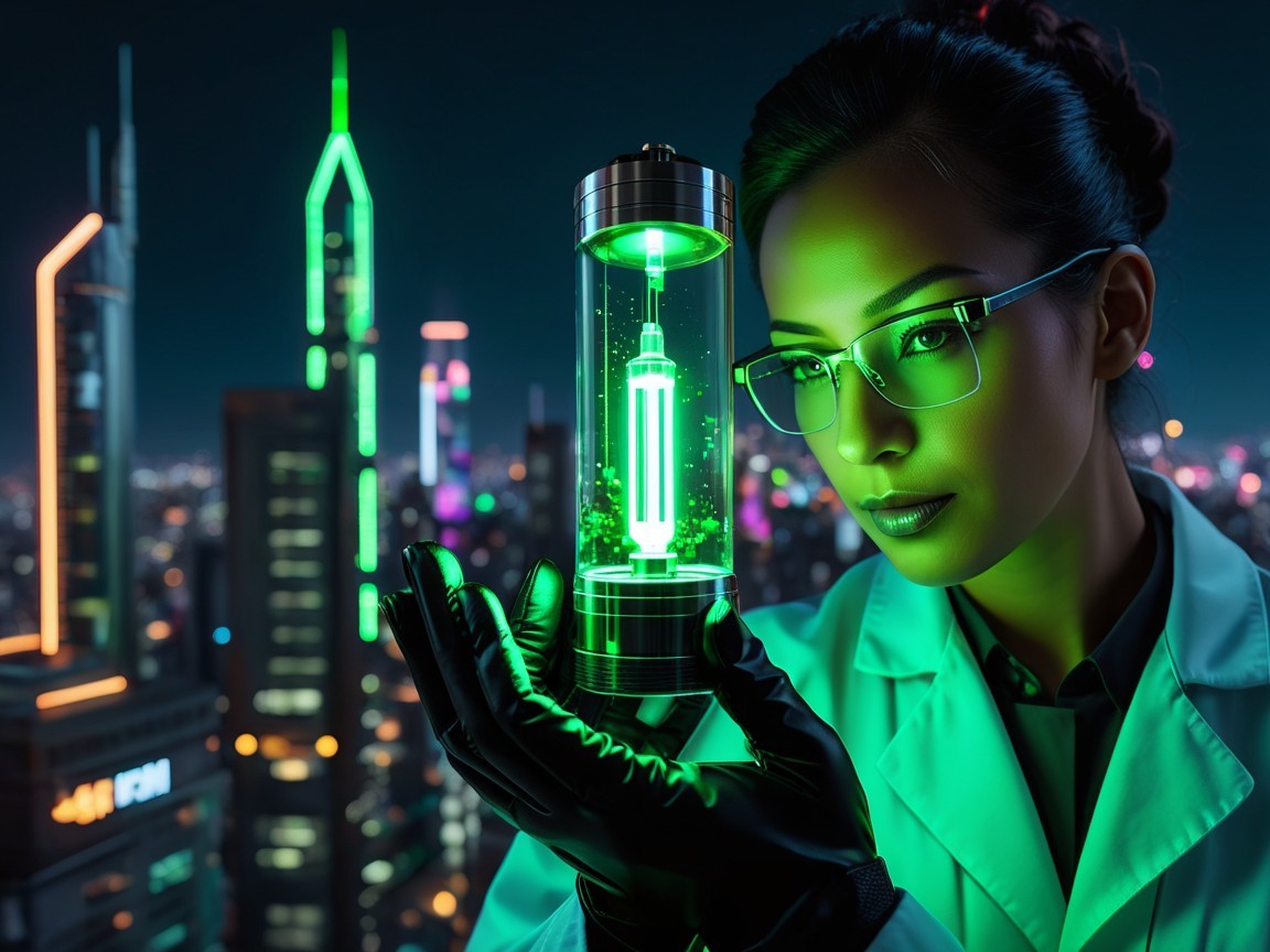 Futuristic cityscape with a scientist and glowing vial