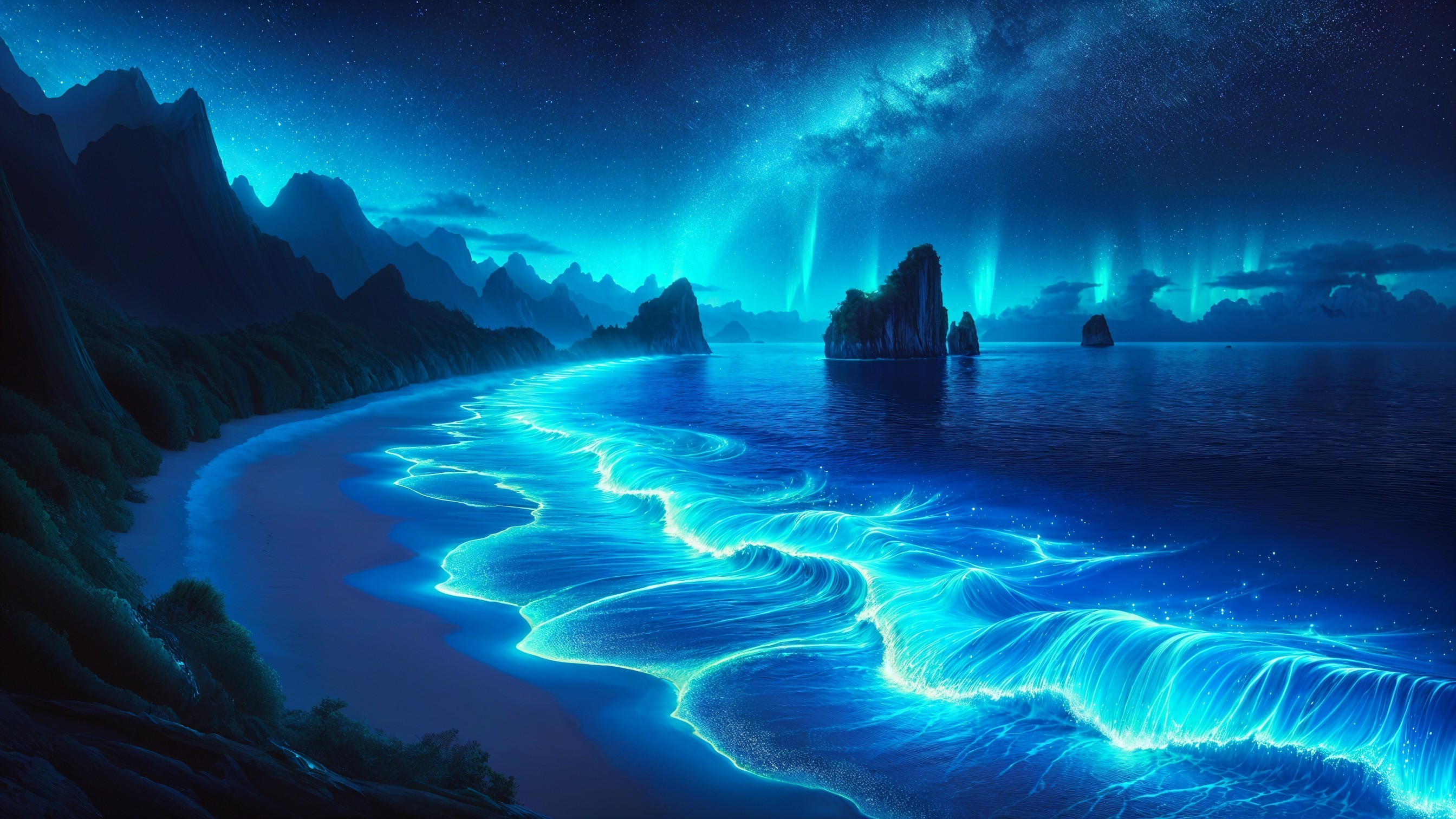 Bioluminescent Beach Under Starry Skies
