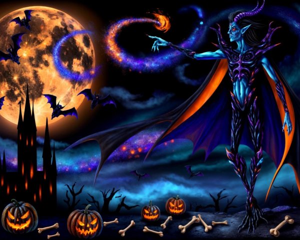 Mystical Figure with Full Moon and Halloween Elements