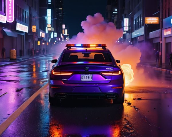 Purple Police Car in Neon-Lit Urban Street Scene