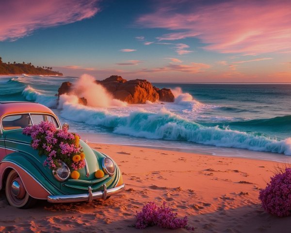 Vibrant Volkswagen Beetle on a Sandy Beach at Sunset