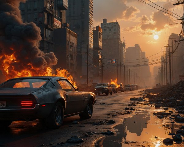 Desolate city street engulfed in flames and debris