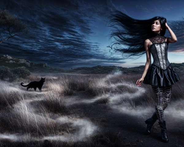 Gothic Woman in Haunting Landscape with Black Cat