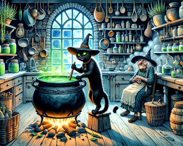 Whimsical Apothecary with Black Cat and Potions