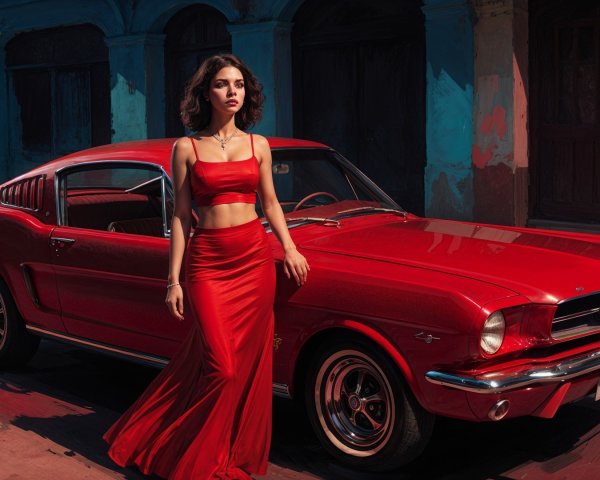 Woman in Red Dress Beside Classic Red Mustang