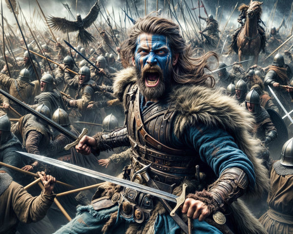 Fierce Warrior in Chaotic Medieval Battle Scene