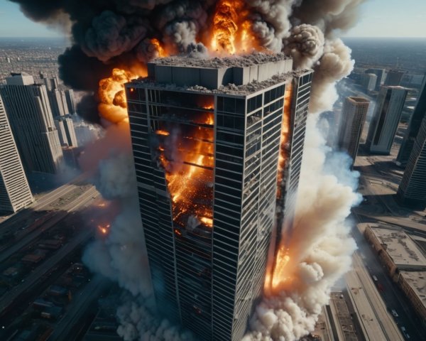 Skyscraper on Fire with Explosion and Smoke Clouds