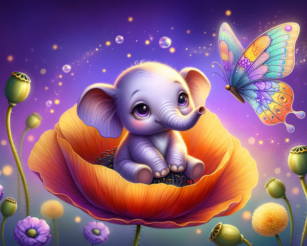 Small elephant in vibrant poppy flower with butterfly