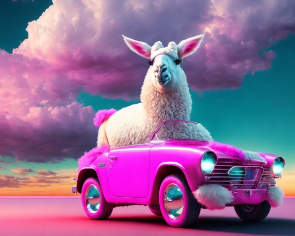 Fluffy Llama on Pink Convertible with Colorful Clouds