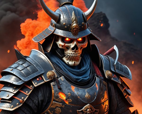 Skeletal Warrior in Ornate Samurai Armor with Fire Background