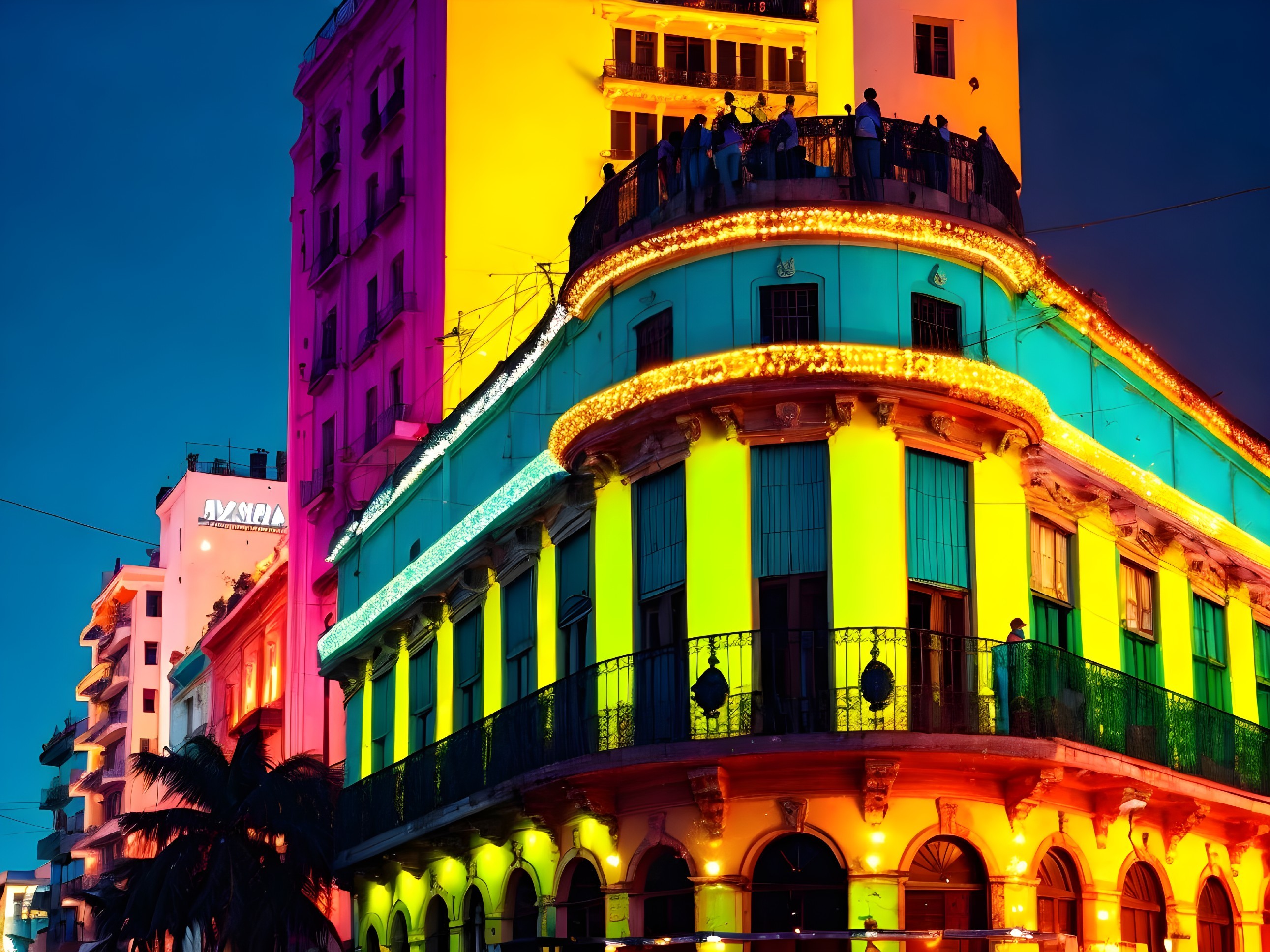 Vibrant City Scene with Colorful Neon Building