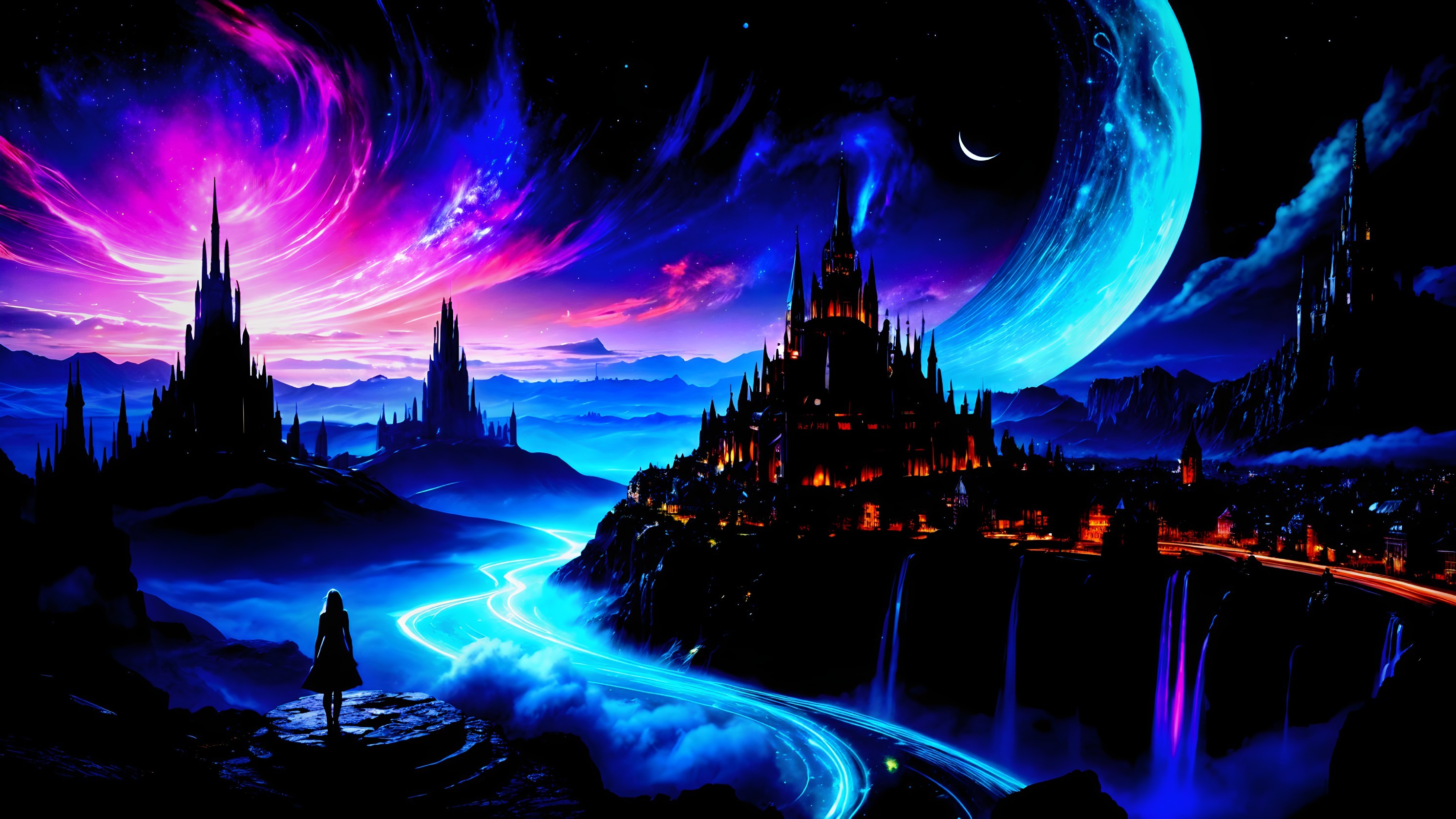 Fantasy Landscape with Illuminated Castles and Mountains