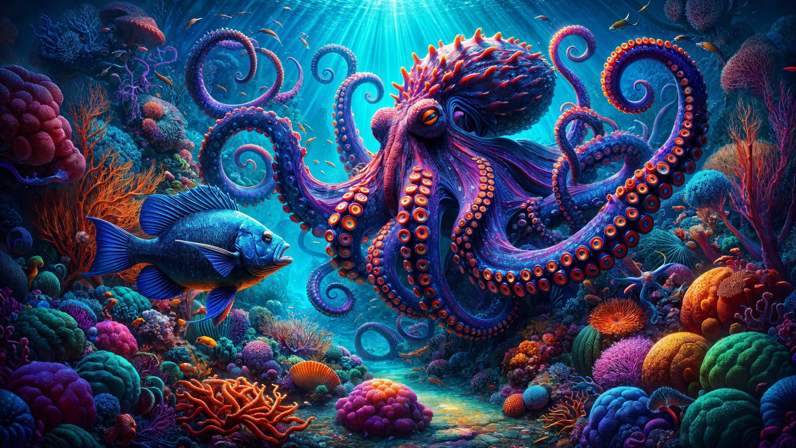 Vibrant Underwater Scene with Octopus and Fish