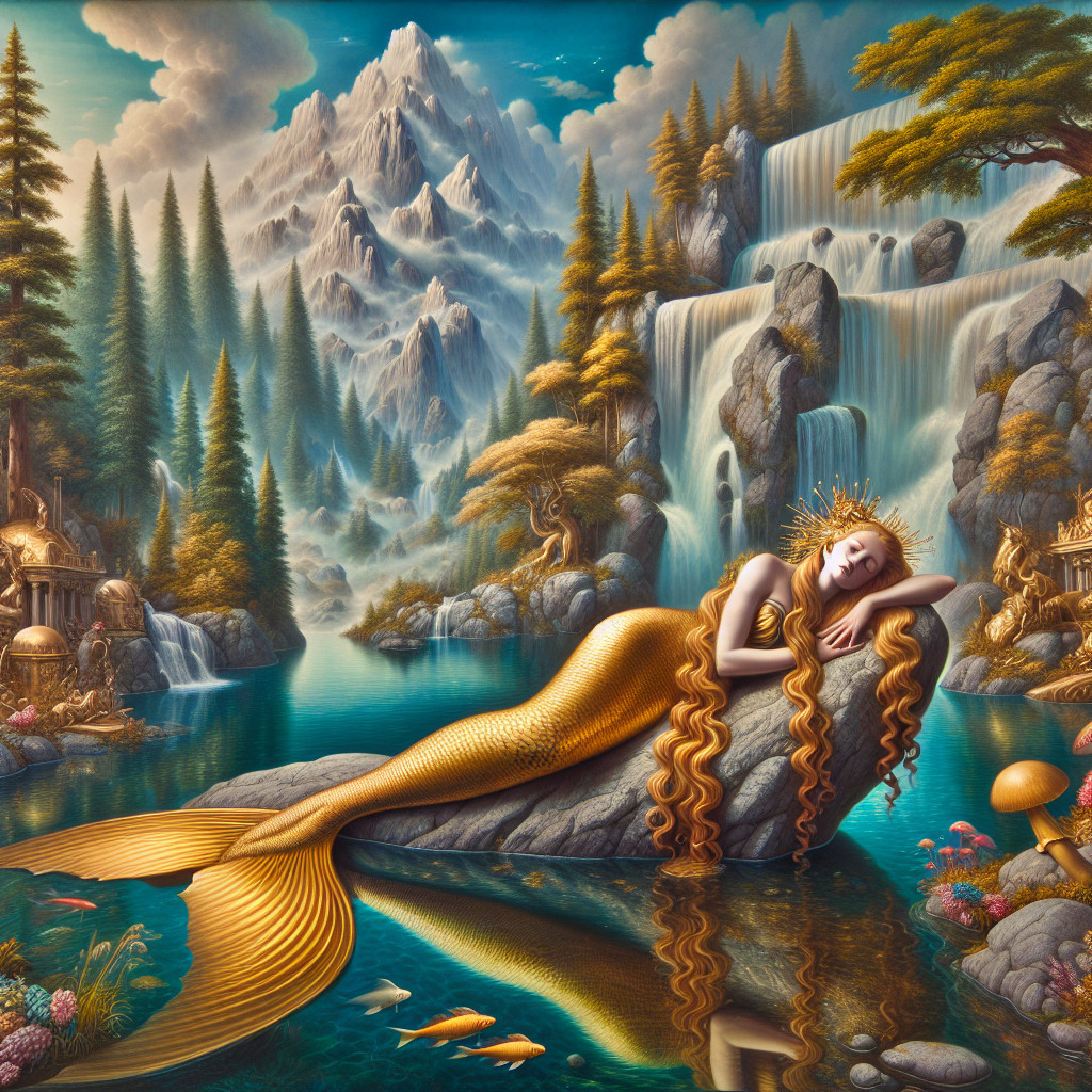 Majestic mermaid by tranquil turquoise lake scene