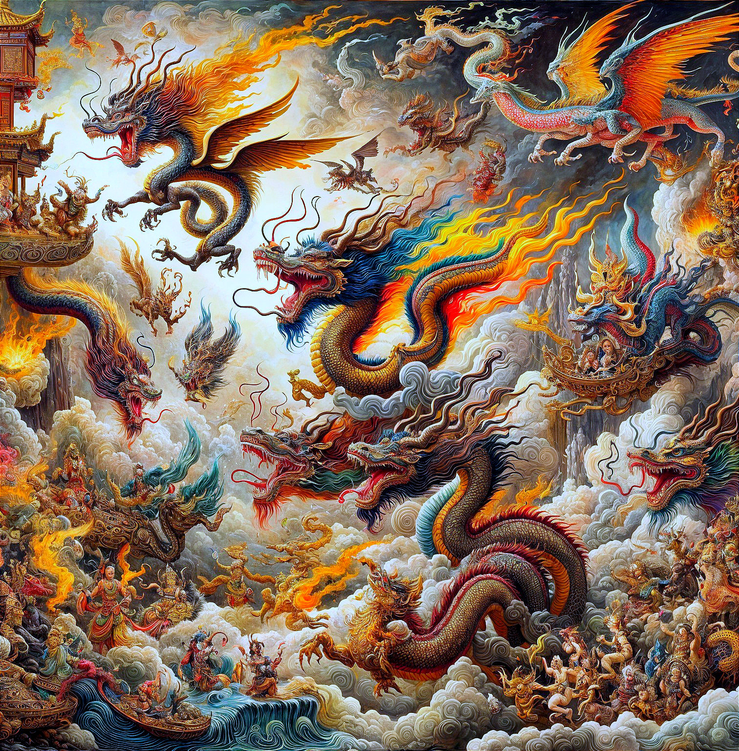 Vibrant Scene of Mythical Dragons in Dynamic Clouds