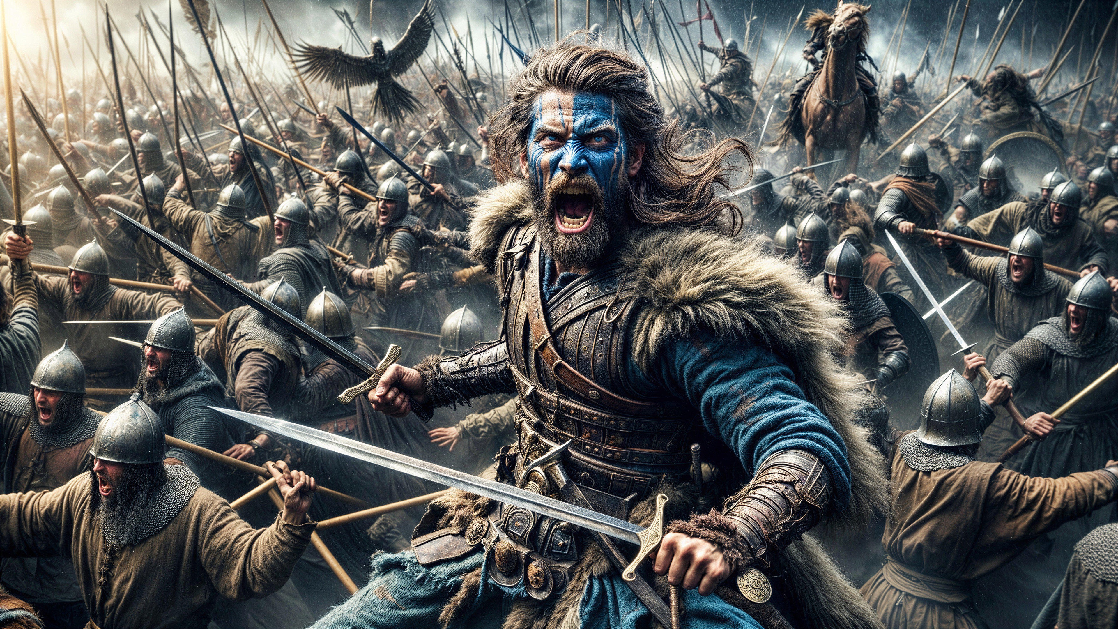 Fierce Warrior in Chaotic Medieval Battle Scene