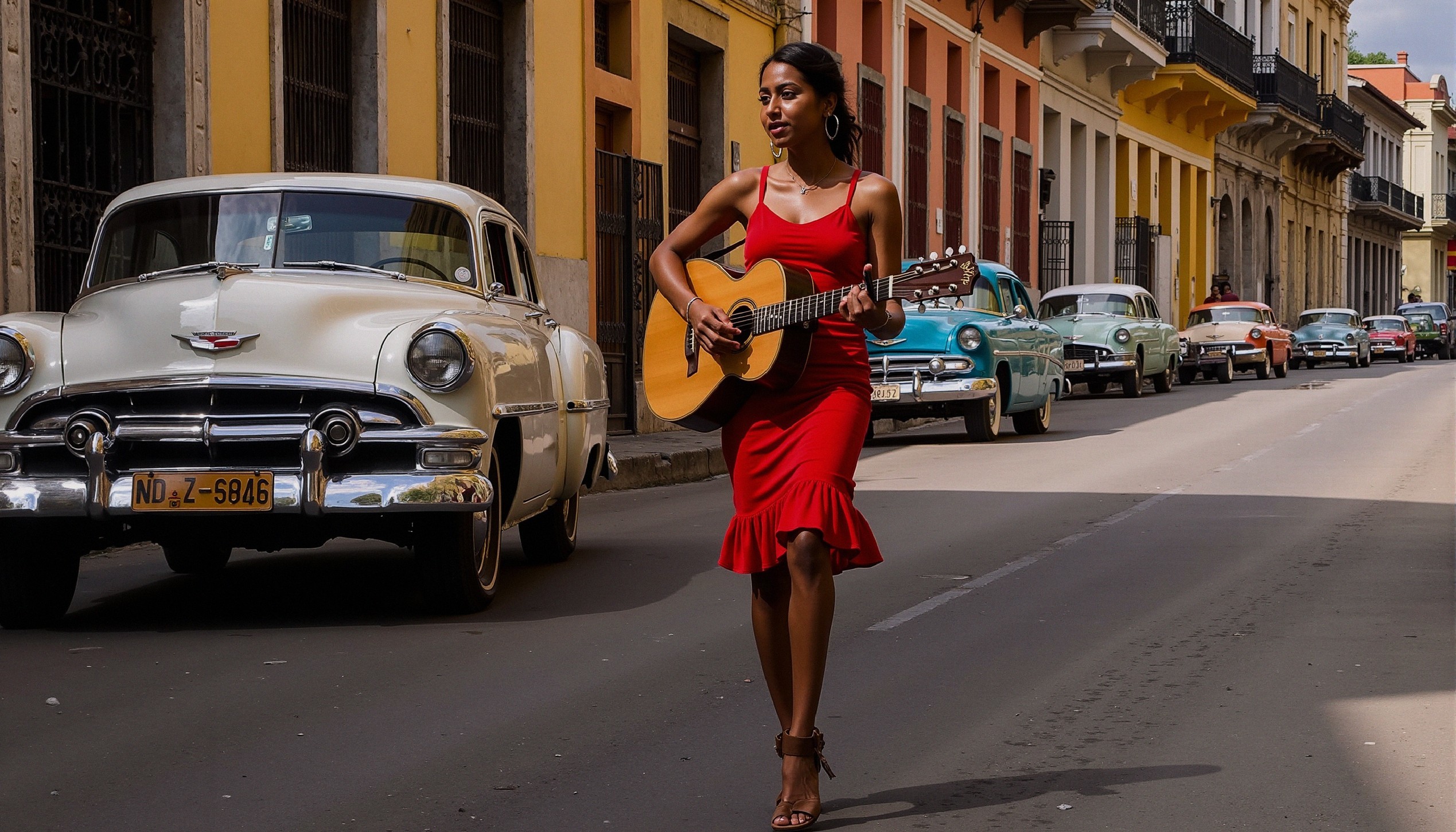 Woman in Red Dress Playing Guitar on Havana Street