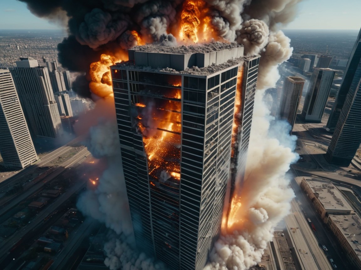 Skyscraper on Fire with Explosion and Smoke Clouds