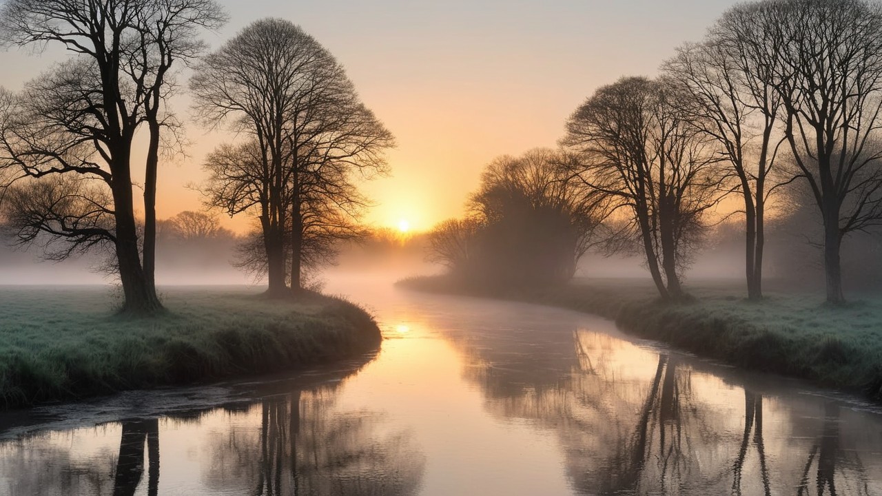 Serene Dawn Landscape with Flowing River and Mist