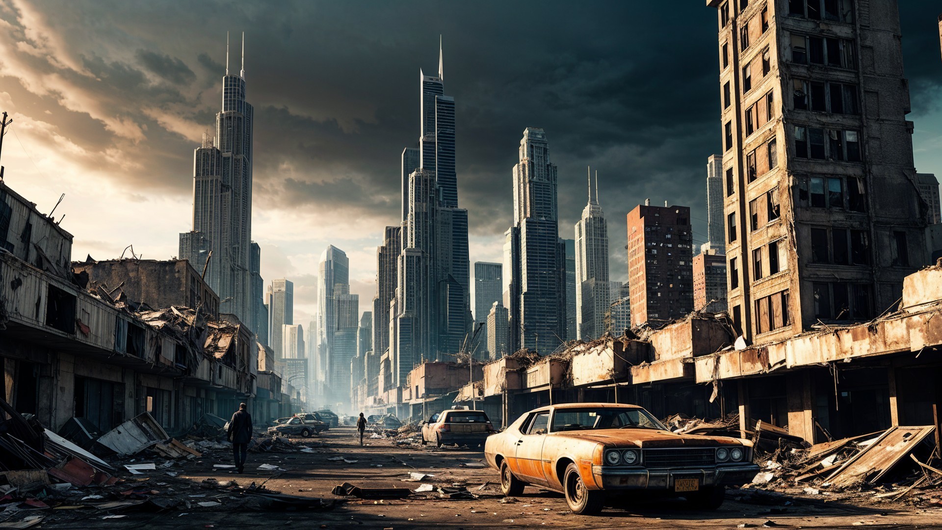 Desolate Urban Landscape with Abandoned Vintage Car