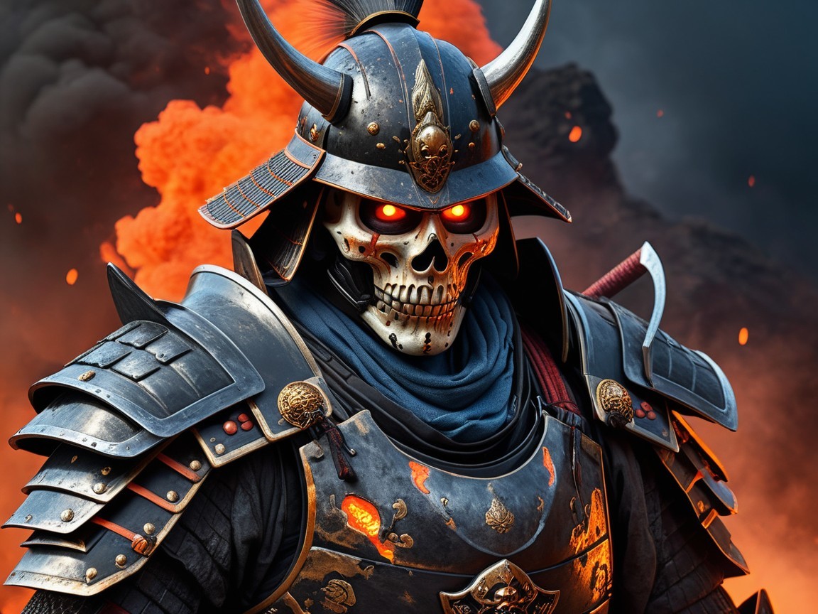 Skeletal Warrior in Ornate Samurai Armor with Fire Background