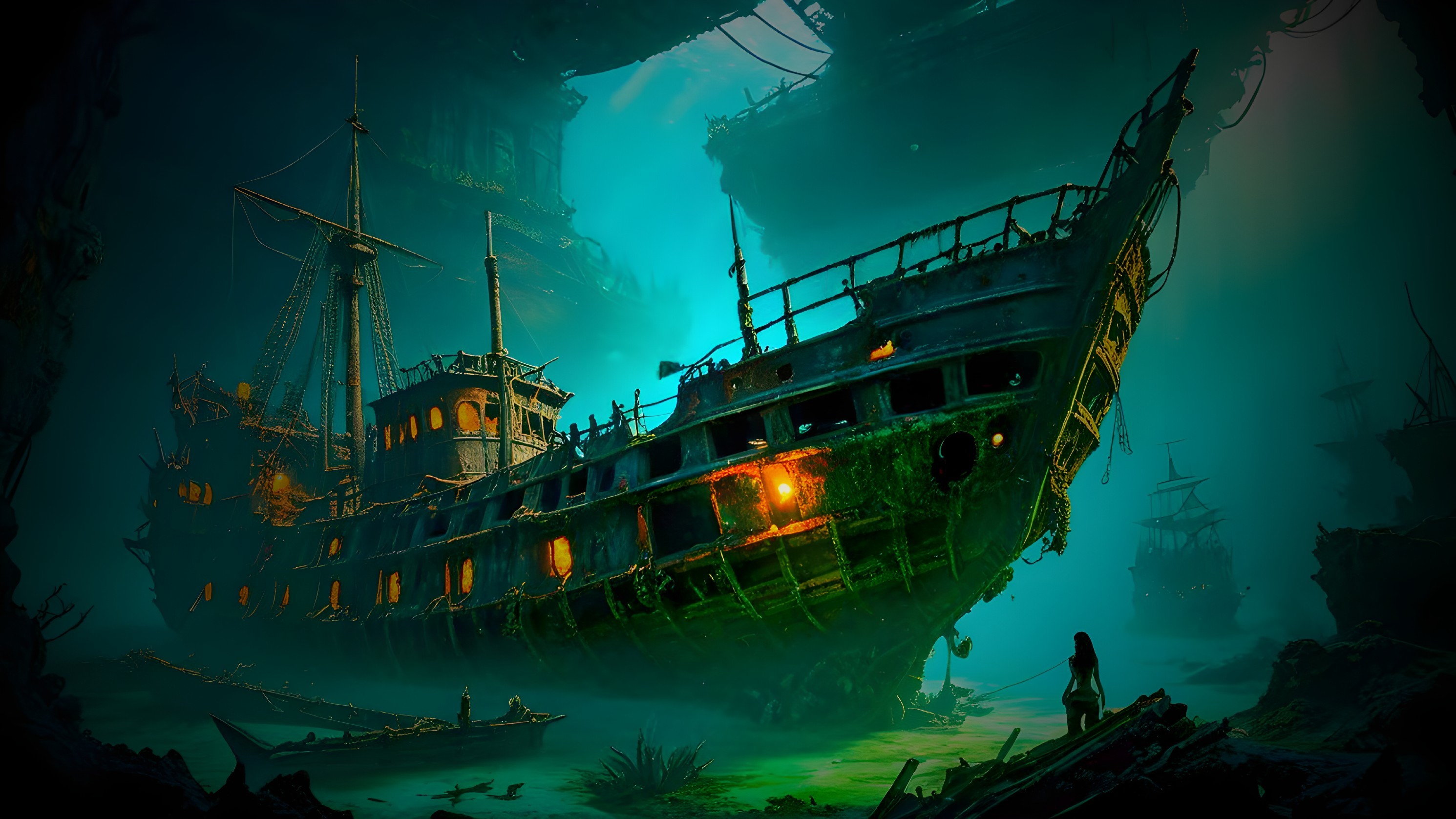 Sunken Ship in Eerie Underwater Scene with Shadows