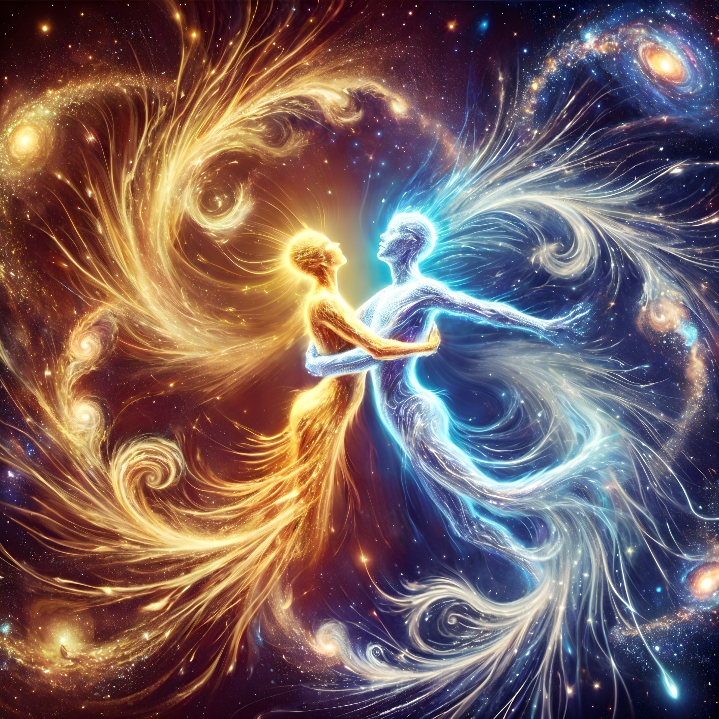 Ethereal Figures in Cosmic Dance of Light and Color