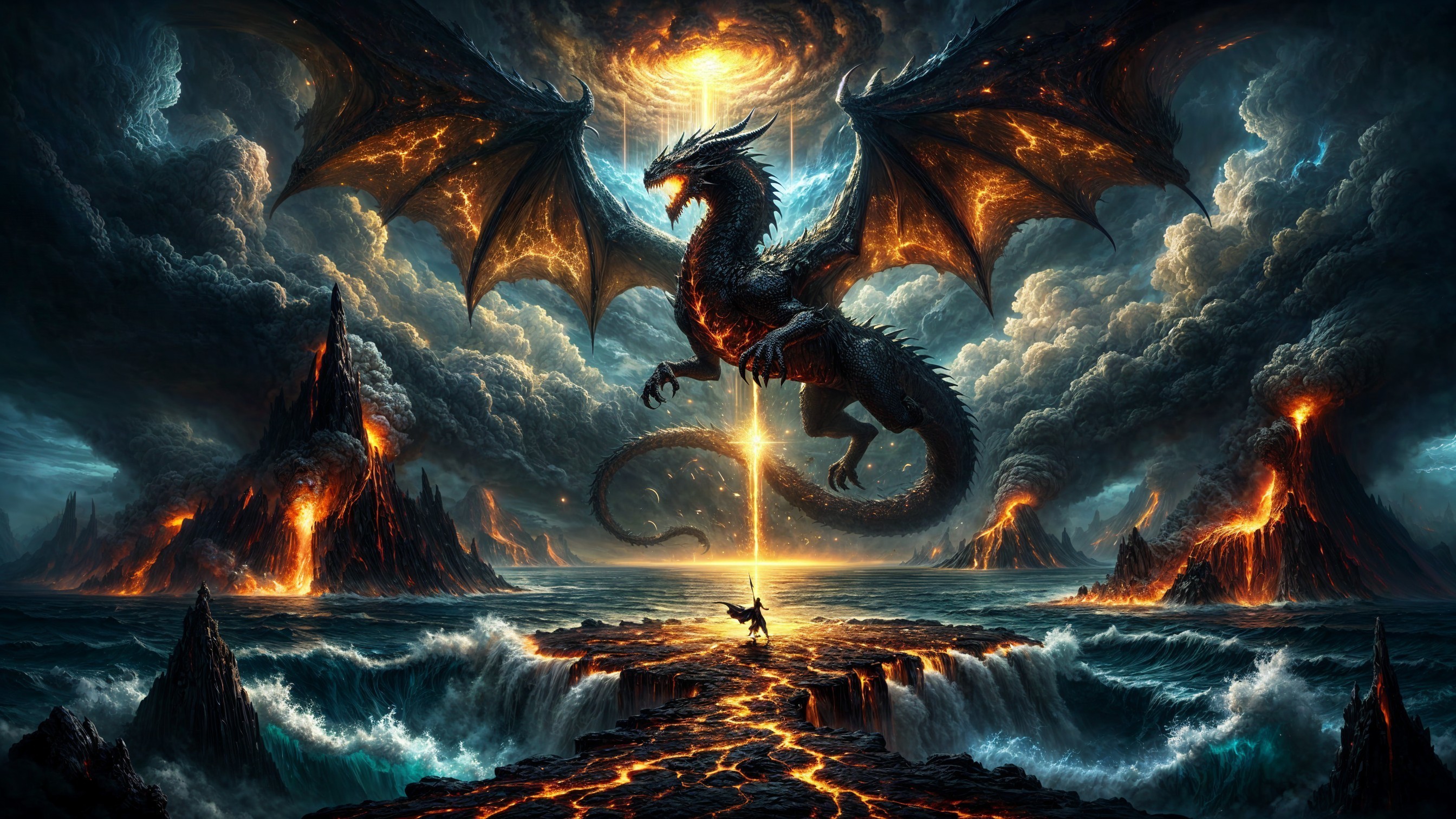 Majestic dragon flying over tumultuous ocean landscape