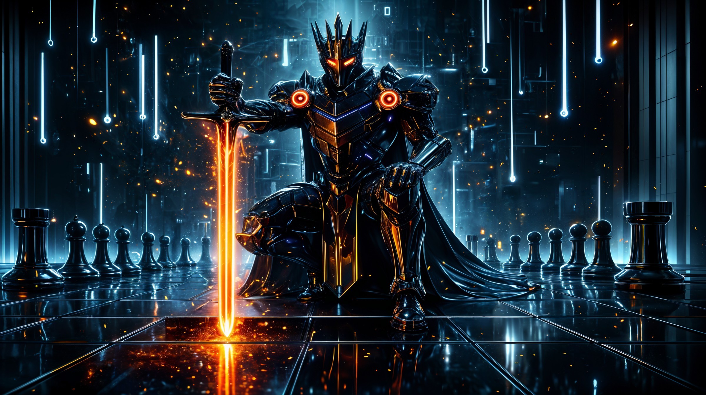 Futuristic knight in black armor on a glowing chessboard