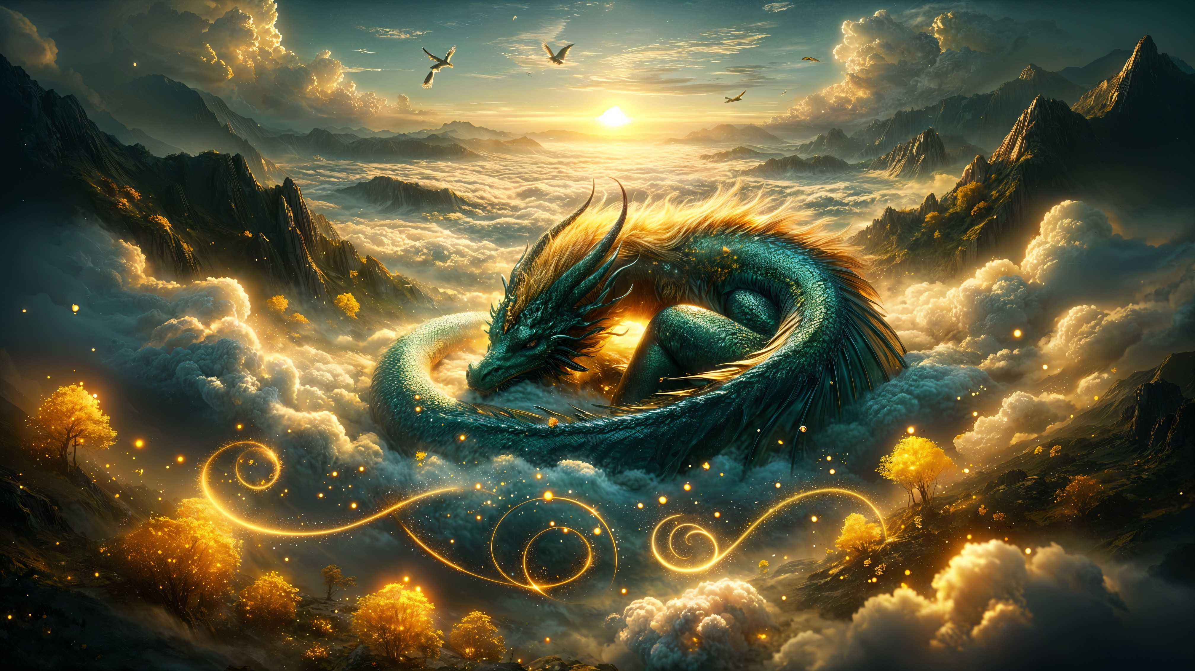 Majestic dragon with emerald scales in sunrise clouds