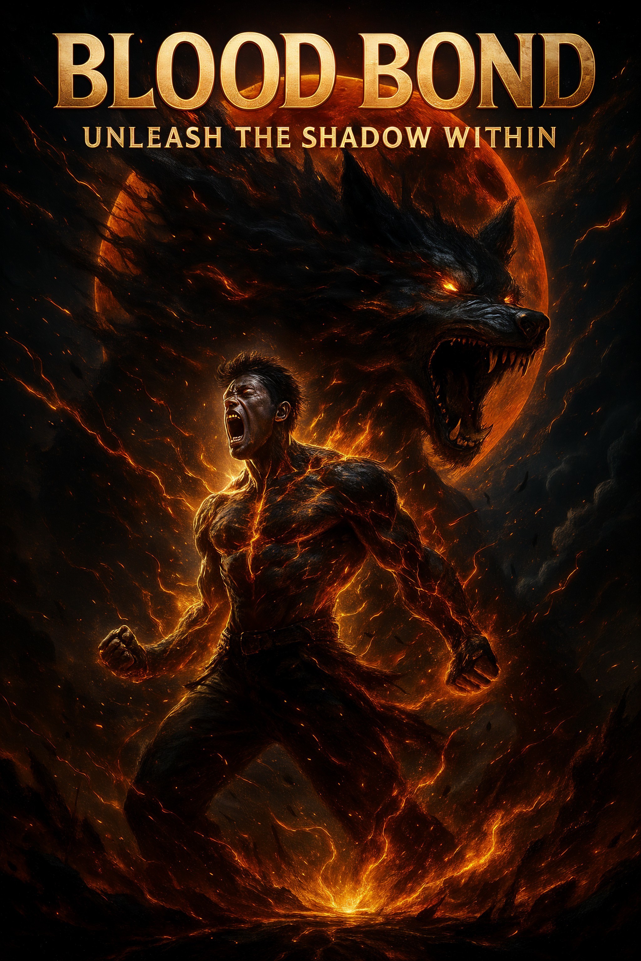Muscular Figure Against Blood-Red Moon and Wolf Shadow