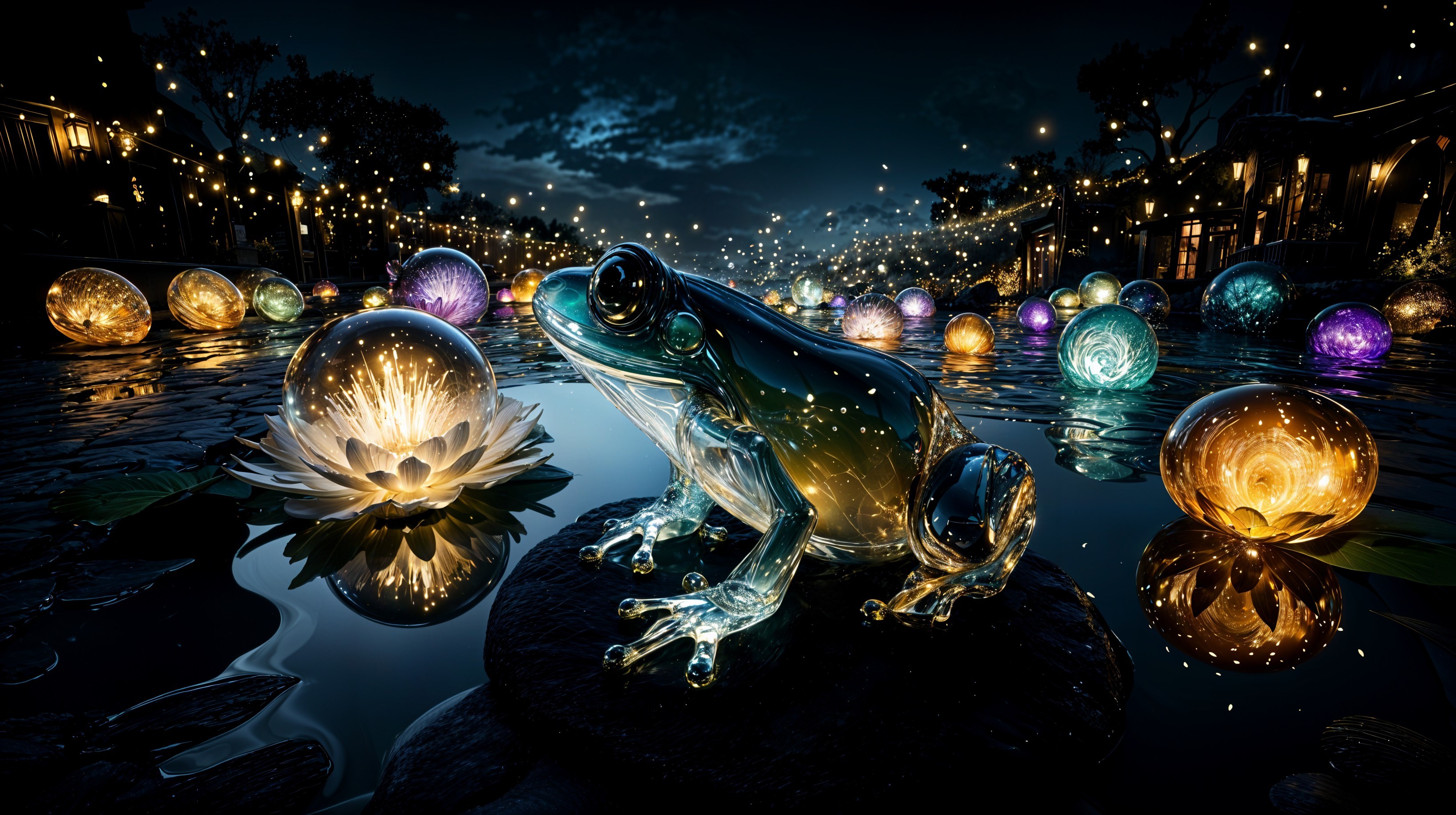 Luminous Frog with Glowing Orbs in Tranquil Scene