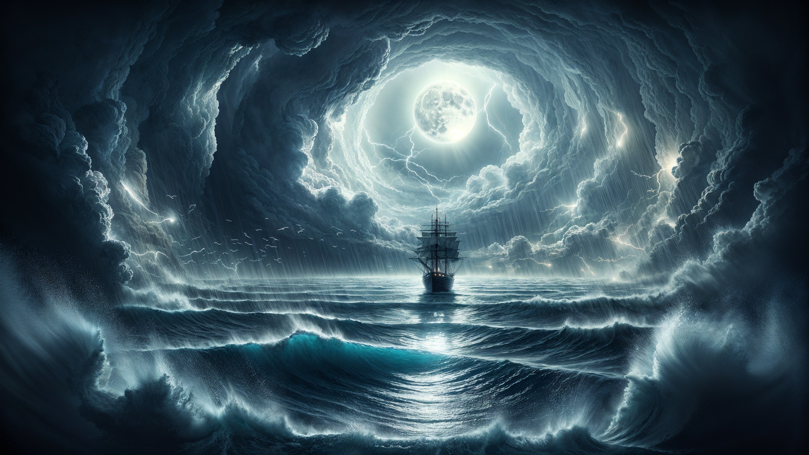 Majestic ship navigating turbulent seas under stormy sky