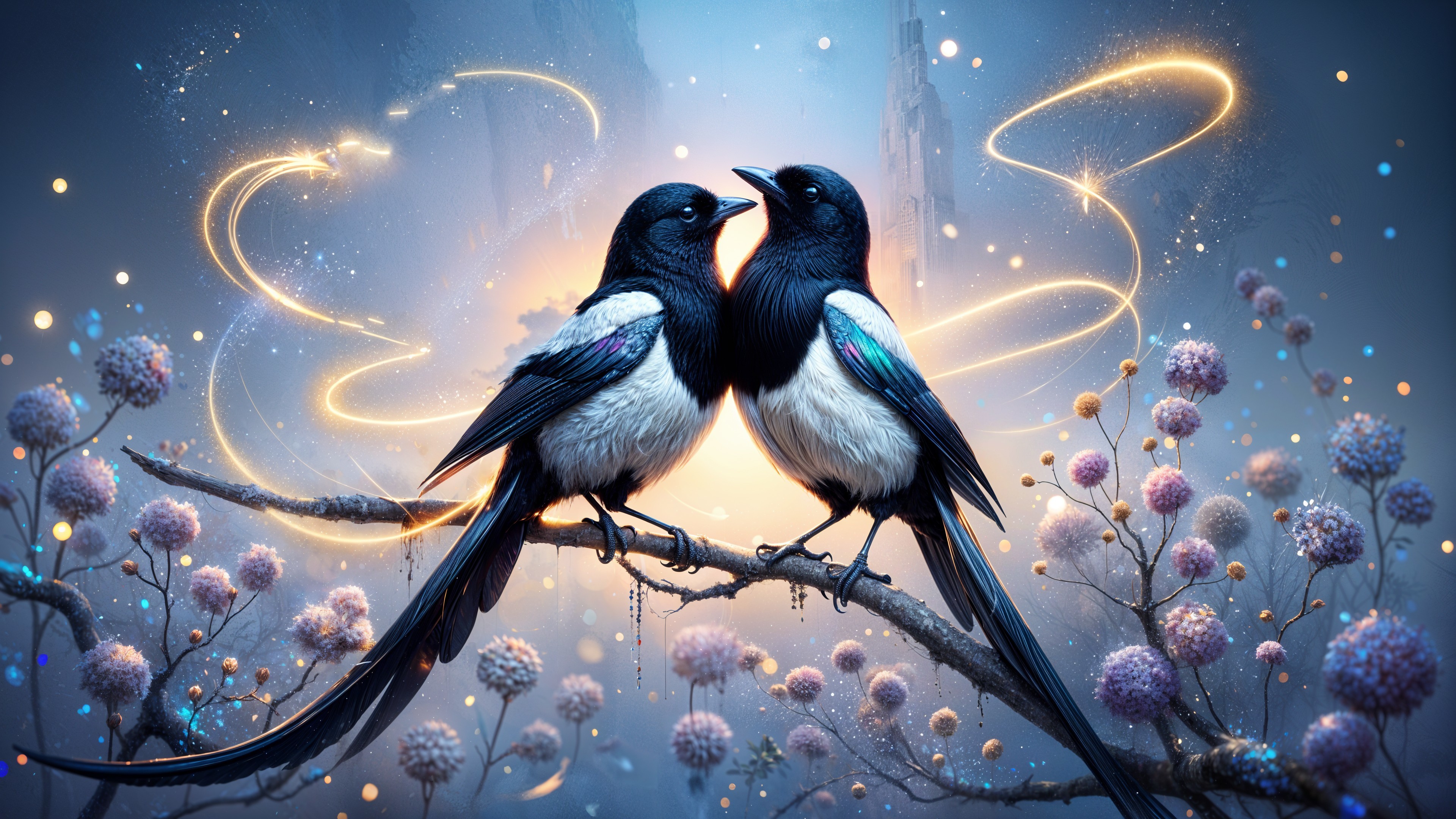 Magpies on a Branch in a Pastel Floral Setting