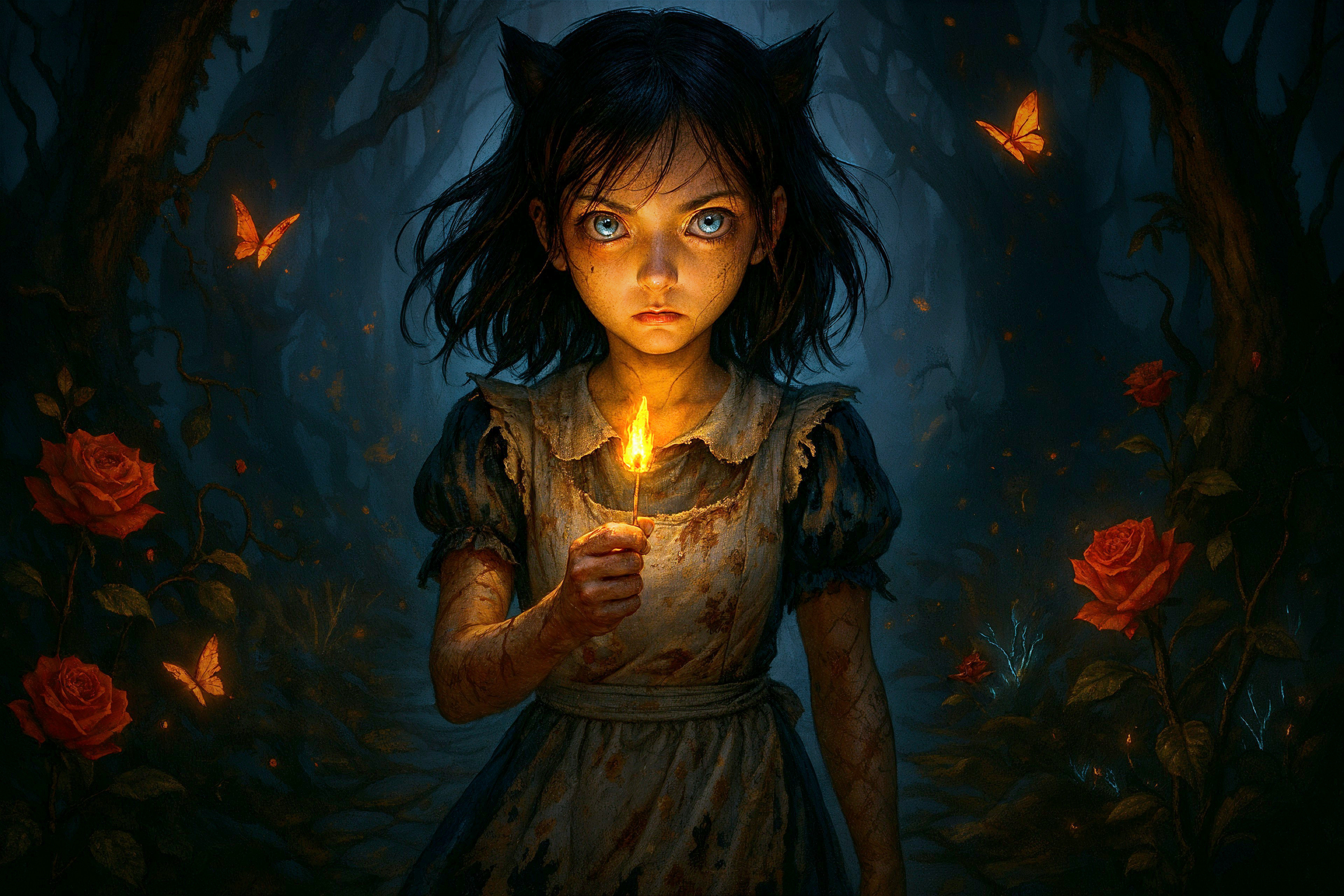 Young girl with cat ears in dark enchanted forest