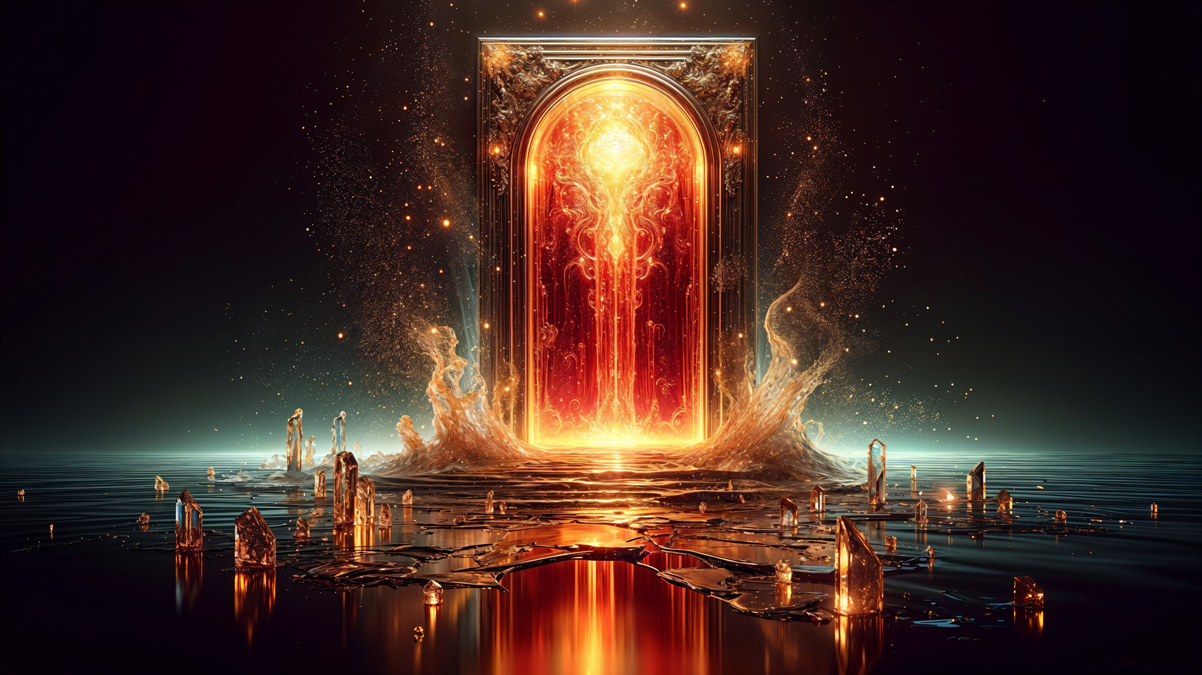 Ornate Door in Surreal Landscape with Shimmering Water