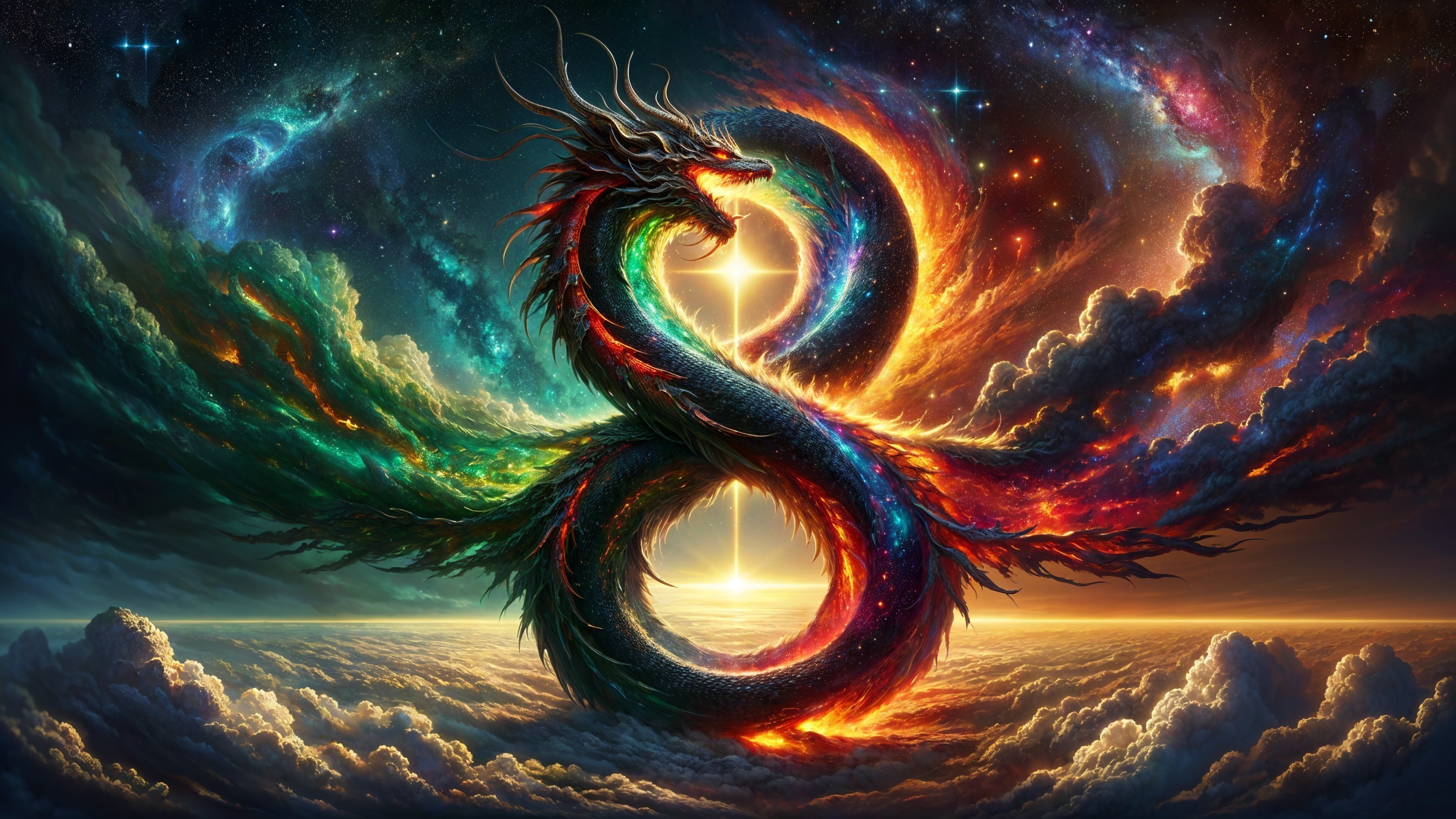 Majestic Dragon with Infinity Symbol in Cosmic Scene