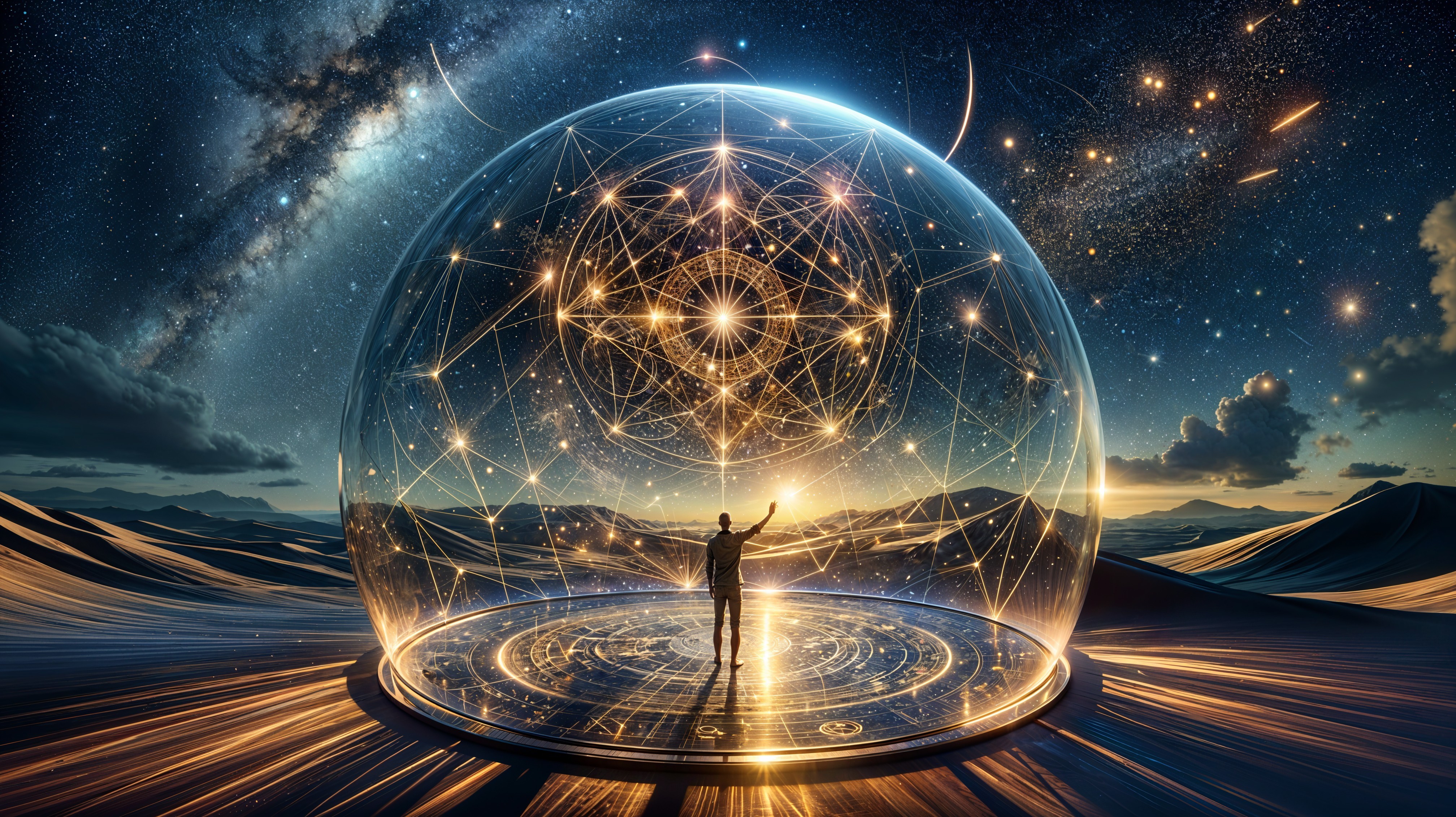 Translucent Dome Under Starry Sky with Cosmic Landscape