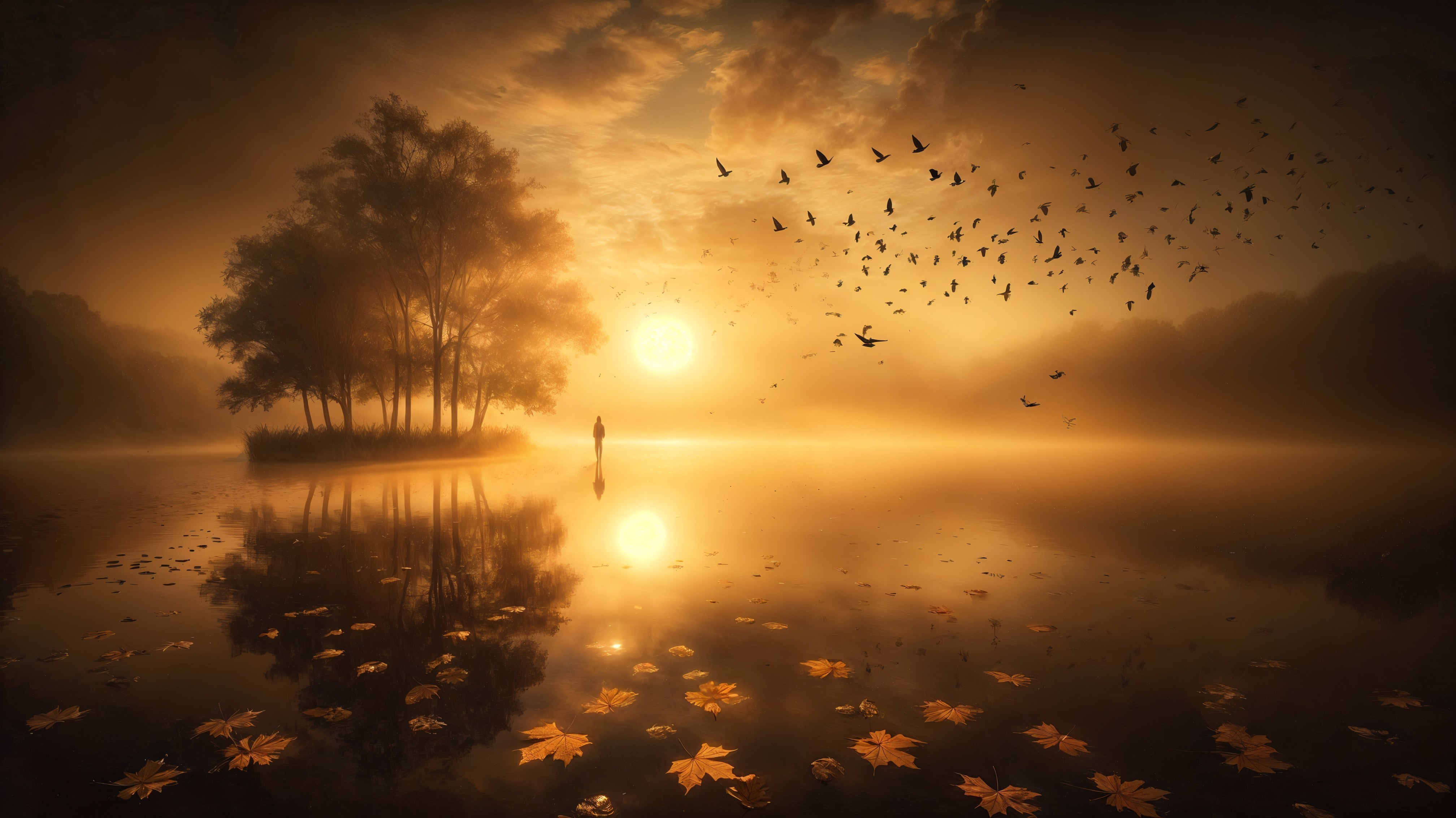 Misty Lake at Dawn with Autumn Colors and Silhouettes