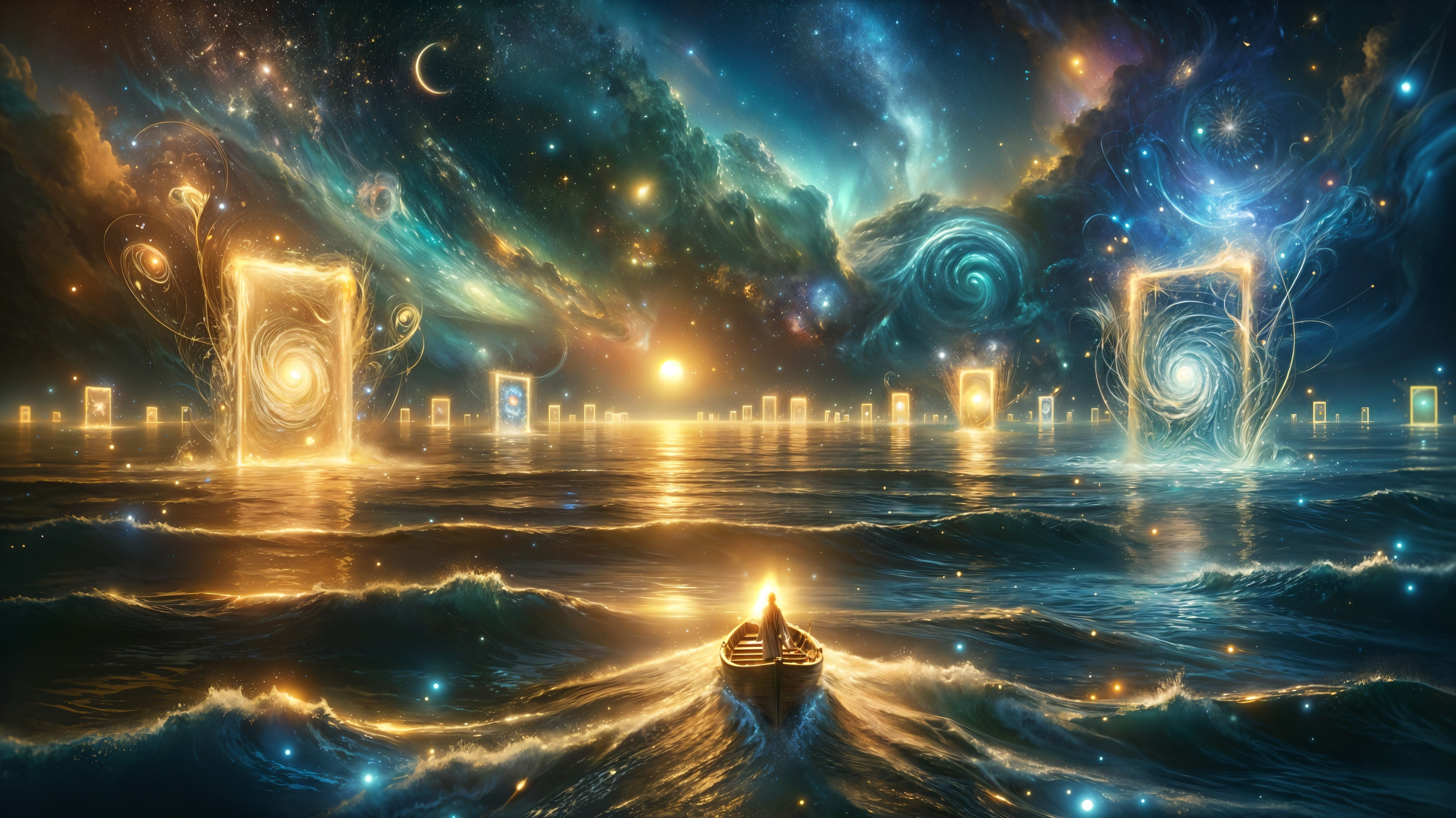 Serene Figure in Boat Surrounded by Cosmic Ocean